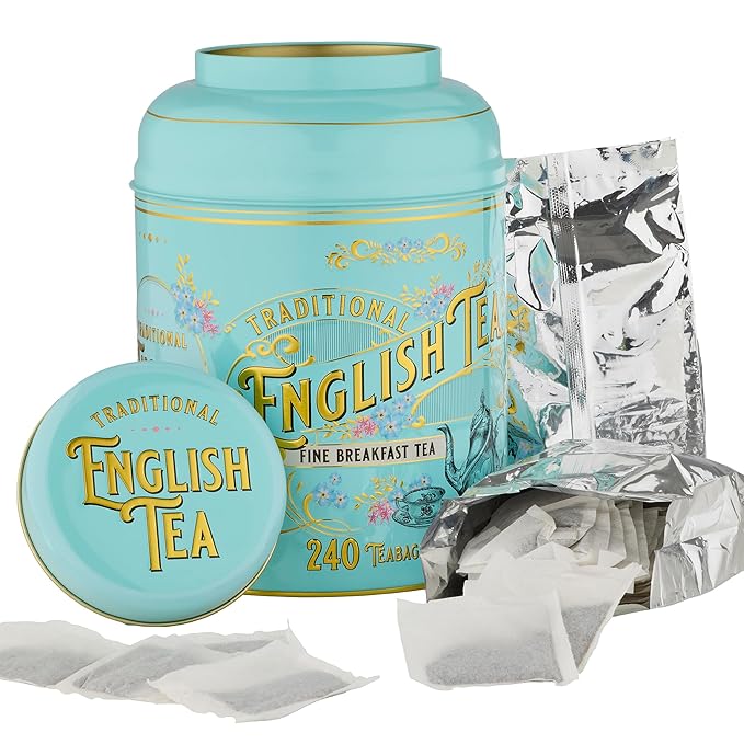 New English Teas Vintage Victorian Tea Tin with 240 English Breakfast Teabags for Tea Lovers, Forget Me Not Florals & Classic Tea Set Design