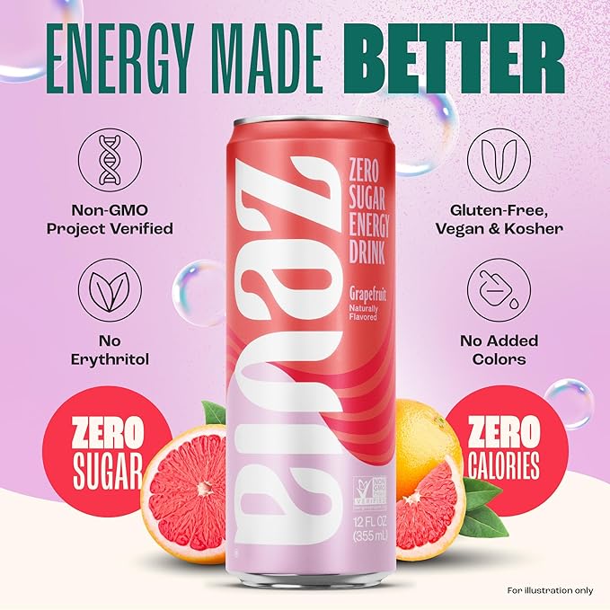 Zevia Zero Sugar Energy Drink, Grapefruit, 12 oz Cans (12-Pack) – Naturally Sweetened, Non-GMO Project Verified, Gluten-Free, Vegan