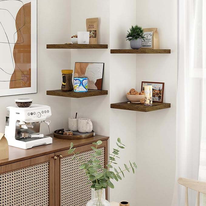 Fun Memories Square Floating Shelves for Wall - 12 Inch Deep Floating Shelves with Invisible Brackets, Brown Small Wall Shelf for Living Room, Bathroom, Bedroom, and Kitchen Decor，Set of 4