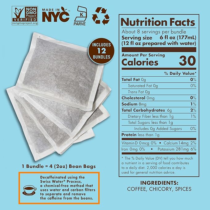 GRADY’S COLD BREW, New Orleans Style - DECAF, 100% Arabica Ground Coffee & Chicory Pouches, SIX Bundles of 4 Easy-to-Brew Bean Bags, Makes 72 drinks