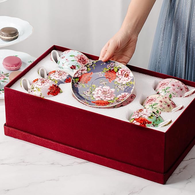 BTaT- Floral Tea Cups and Saucers with Gift Box, 8oz, Tea Cups Set of 6, Cup & Saucer Sets, Christmas Gifts