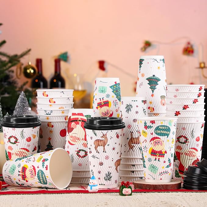 100 Pack Christmas Coffee Cups with Lids 16oz, Disposable Insulated Ripple Wall To Go Paper Coffee Cups for Hot/Cold Drinks Office Home Shop Event (Colorful)
