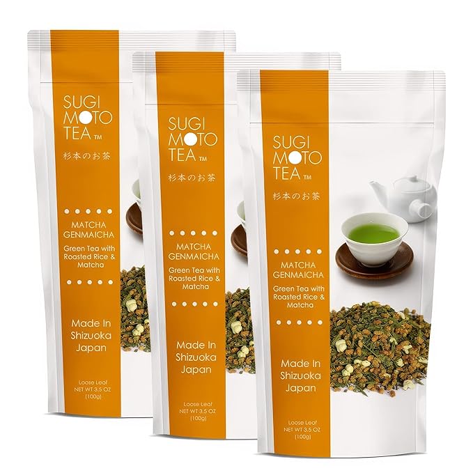 SUGIMOTO TEA Japanese Matcha Genmaicha Green Tea Loose Leaf 3.5 oz (100 g) Pack of 3