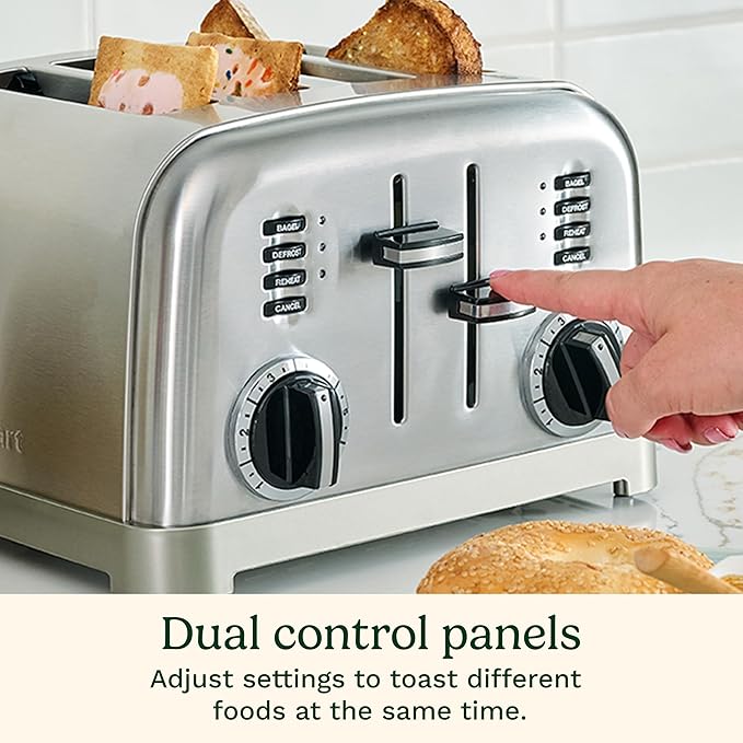 Cuisinart 4 Slice Toaster, Compact Stainless Steel Toaster with Extra-Wide Slots for Toasting Bread, French Toast, Bagels and Pastries, Defrost & Reheat Functions, CPT-180P1, Brushed Stainless