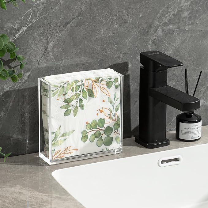 Clear Acrylic Napkin Holder for Table, Elegant Non-Slip Guest Towel Tray for Bathroom, Waterproof Vertical Tissue Dispenser for Kitchen, Dining, Bar, Office