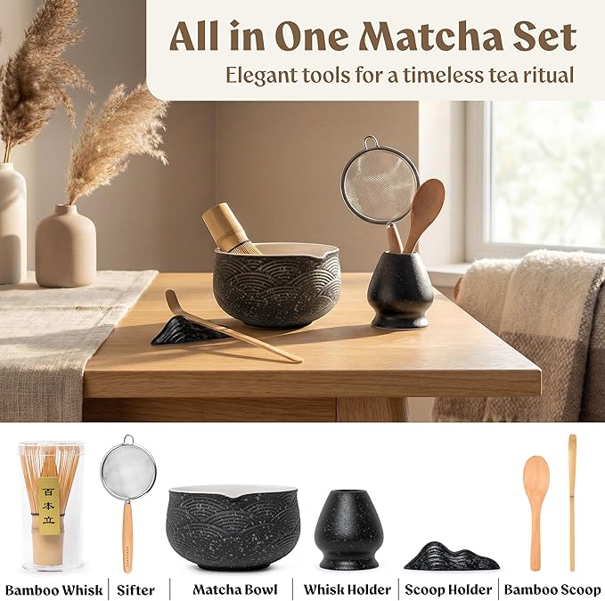 Matcha Kit Whisk Set (7 Pcs) - Complete Matcha Set, Matcha Bowl with with Bowl, Whisk and Holder, Bamboo Spoon/Scoop, Scoop Rester and Sifter incl. Booklet