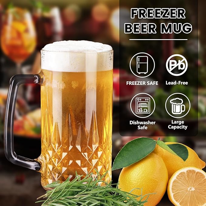 Beer Mugs For Freezer, 20 oz Large Heavy Glass Mugs with Handles Set of 2, Clear Large Beer Steins for Tea, Coffee, Lead-Free Glasses Oktoberfest Style, Best Gifts for Dad Husband or Friend
