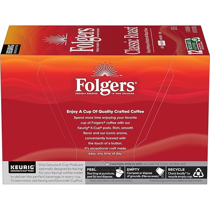 Folgers Classic Roast Medium Roast Coffee, 12 Keurig K-Cup Pods (Pack of 2)