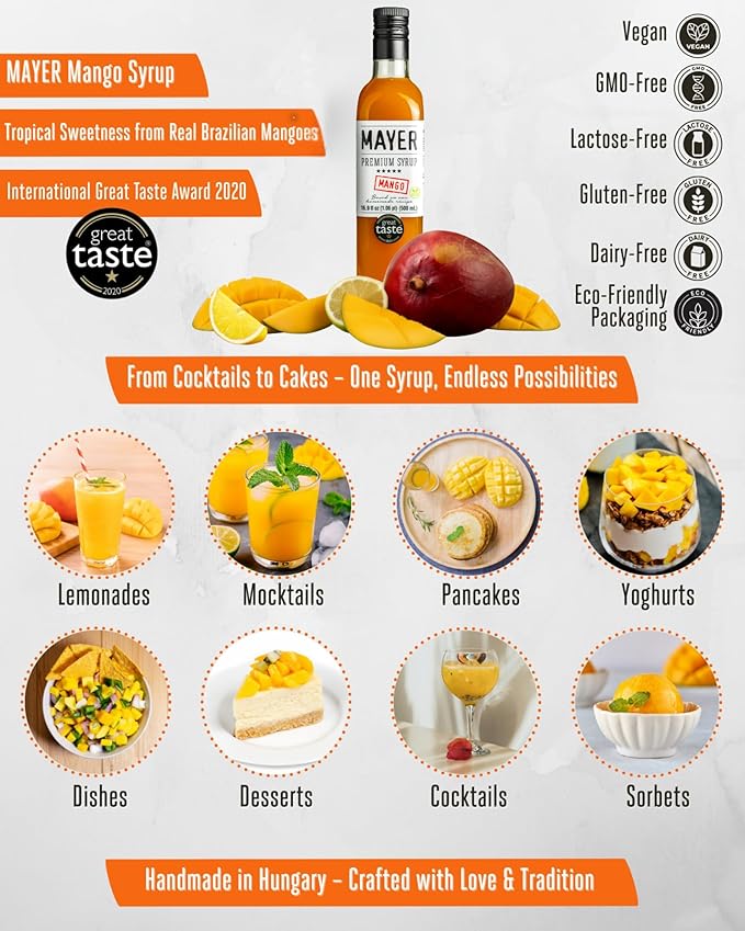 Mayer Mango Syrup for Drinks, Award-Winner, Premium Hungarian Fruit Syrup for Cocktails, Smoothies, Lemonade, Desserts - Crafted with 100% Real Fruits - Rich Taste, No Artificial Flavor, No Additives -Award Winning Artisanal Beverage 16 Oz, 1Pack