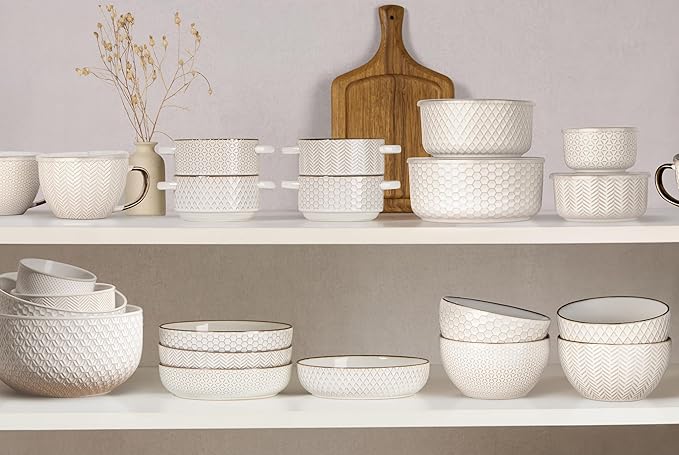 KooK Mixing Bowls, with Lids, Ceramic Nesting Bowls. Space Saving, Set of 4, Embossed, Kitchen, Prep, Stackable, Mix, Gift, Microwave and Dishwasher Safe, 10/16/29/47 oz, Narbonne Collection (Ivory)