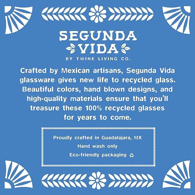 Segunda Vida Primavera Stemmed Margarita Glasses - Blue Rim Margarita Glass Set Made in Mexico - 100% Recycled Glass 10oz Set of 2