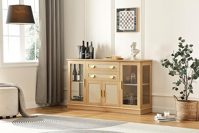 58.27'' Buffet Cabinet with 2 Drawers and Adjustable Shelves,Large Glass Door Coffee Bar Cabinet,Modern Farmhouse Sideboard Credenza for Kitchen,Natrual