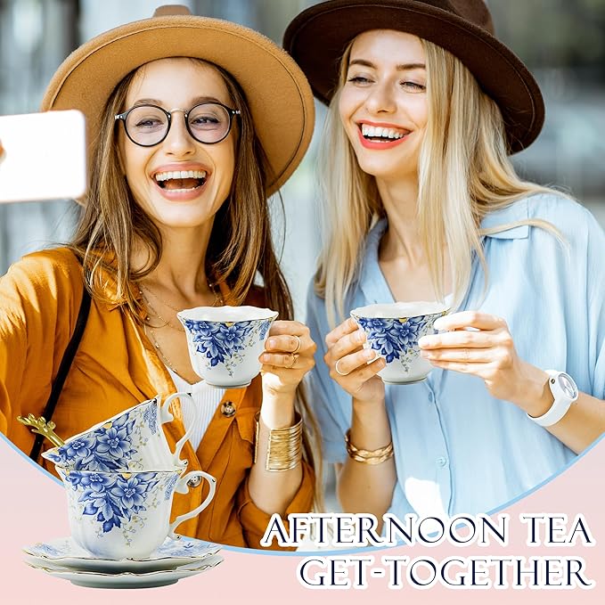 TATSUMI Country Roses Bone China Tea Cup and Saucer Set, 3 Pieces, Vintage Style, For Women and Tea Parties(Rose Blue,1 Set)