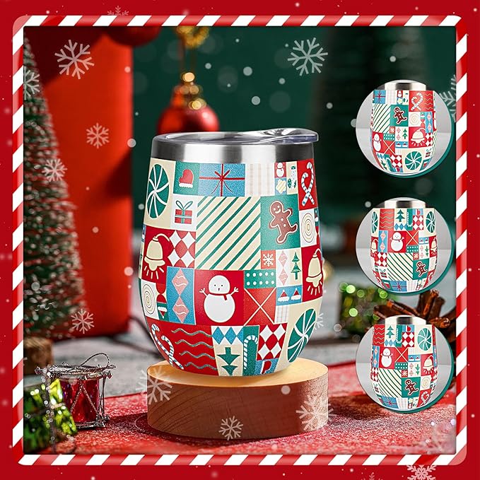 Christmas Wine Tumbler 12 oz Christmas Stainless Steel Wine Glass with Lid and Straw Stemless Double Wall Insulated Wine Cups Keeping Cold & Hot for Holiday Xmas Wedding Party Gifts (puzzle)