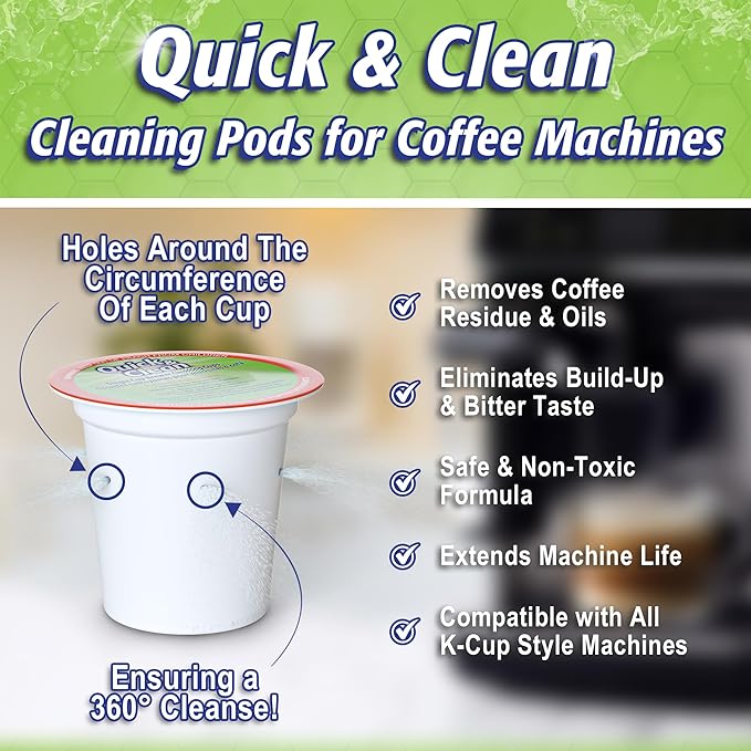 Quick & Clean [18-Pack] Cleaning Pods - K Cup Cleaner Pods for Keurig - 2.0 Coffee Machine Compatible, Removes Stains, Non-Toxic and Eco-Friendly