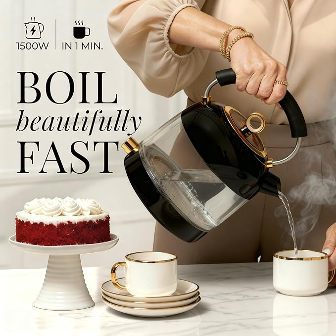 Glass Electric Kettle No Plastic, Stainless Steel, Auto Shut Off and Keep Warm Function - Black and Gold Tea Kettle with Temperature Control – 1500W Fast Hot Water Boiler for Coffee and Tea