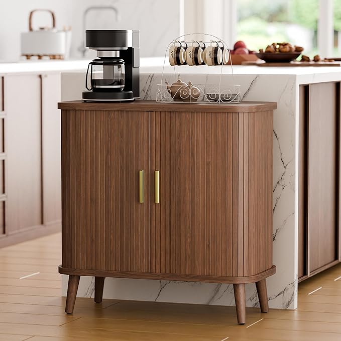 Lulive Walnut Buffet Cabinet, Sideboard Buffet Storage Cabinet with Rolling & Sliding Doors, Modern Bar Cabinet for Kitchen & Dining Room