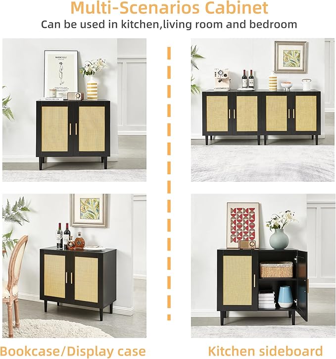27.9 Inch Accent Sideboard Buffet Cabinet with Storage, Rattan Cabinet with Doors and Shelves, Black Farmhouse Coffee Bar Kitchen Storage Cabinets for Entryway Living Room