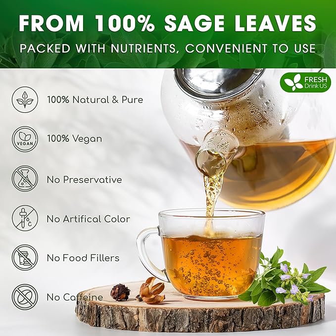 FreshDrinkUS, Premium 75 Sage Leaf Tea Bags, 100% Natural & Pure from Sage Leaves. Loose Leaf Herbal Tea. Made with Natural Material Tea Bags. No Sugar, No Caffeine, No Gluten, Vegan.