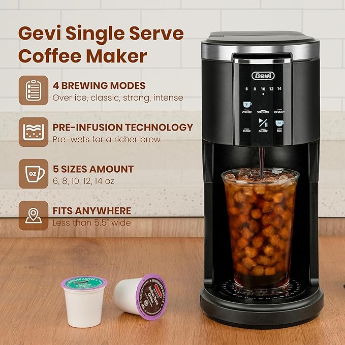 Gevi Single Serve Coffee Maker for K Cup and Ground Coffee, Pod Coffee Maker with 40oz Water Reservoir, 6 to 14 oz. Brew Sizes, Black