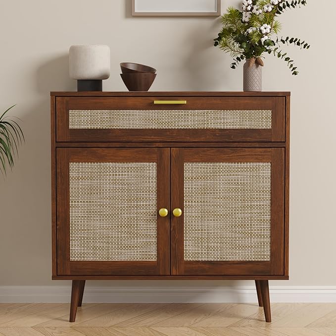 Rattan Sideboard Buffet, Boho Kitchen Cabinet with Drawer & 2 Doors, Modern Mid Century Accent Cabinet with Adjustable Shelf, Coffee Bar for Living Room, Entryway, Kitchen, Walnut