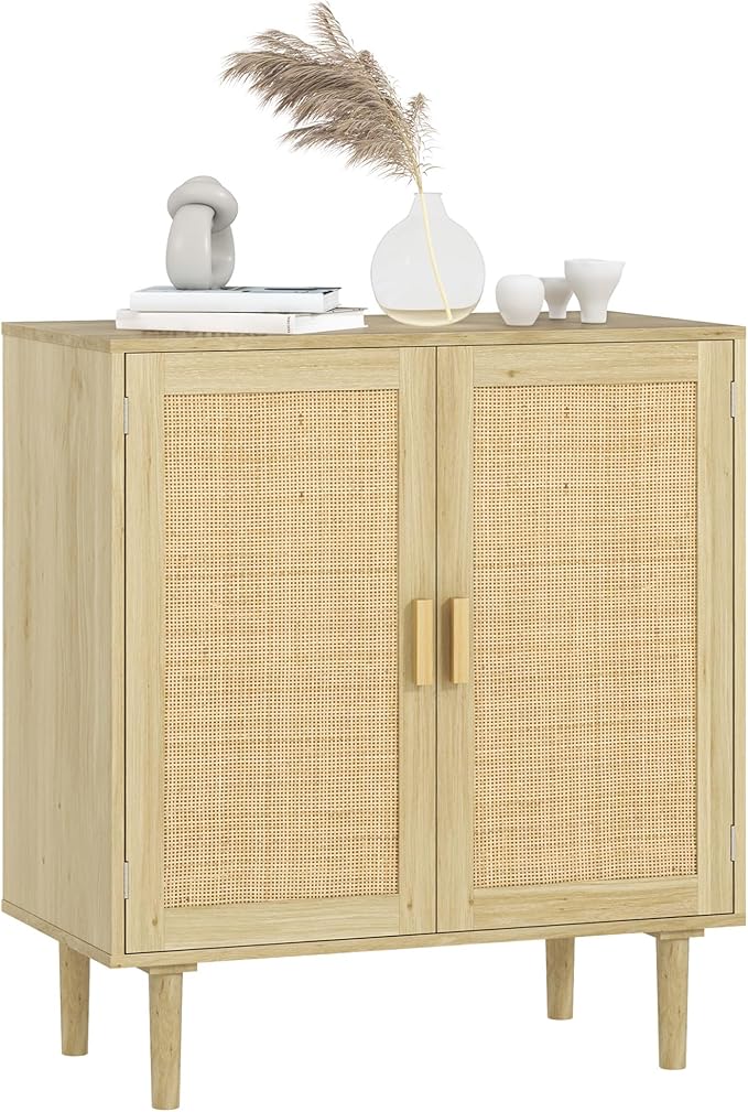 HOMCOM Sideboard Buffet Cabinet, 32" Boho Buffet Table, Rattan Coffee Bar Cabinet with 2 Doors and Shelves for Kitchen, Living Room, Entryway, Natural