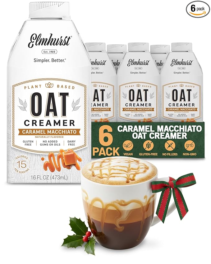Elmhurst 1925 Caramel Macchiato Oat Creamer - 16 Ounce (Pack of 6) Dairy-Free, Vegan, Kosher, Low Sugar, Shelf Stable Creamer Made with Oat Grains & Caramel for Simpler Plant Based Alternatives