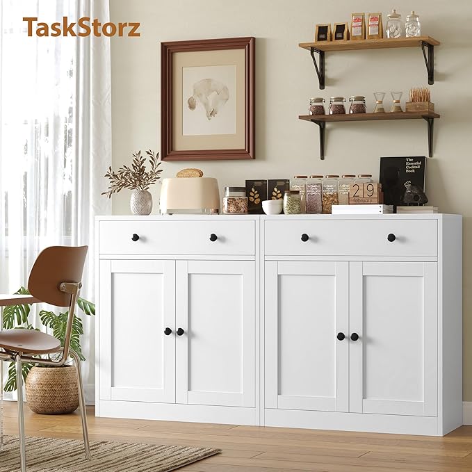 Metal Storage Cabinet with 2 Doors and 1 Drawer，Farmhouse Buffet Cabinet with Storage，32.3" H Coffee Bar Cabinet with Storage for Kitchen, Dining Room, Living Room, White