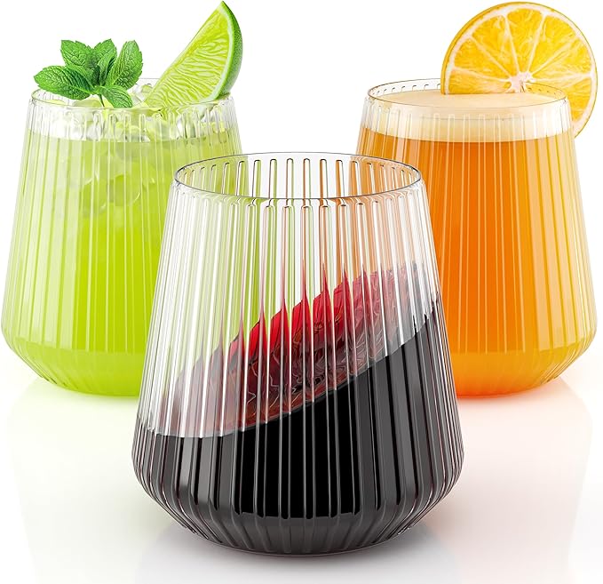 Exquisite 24 Pcs Unbreakable Stemless Plastic Wine Glasses Disposable Wine Glasses Stemless 12 Oz Ribbed Plastic Cups Reusable Clear Party Cups Disposable Cocktail Glass For Weddings & Events