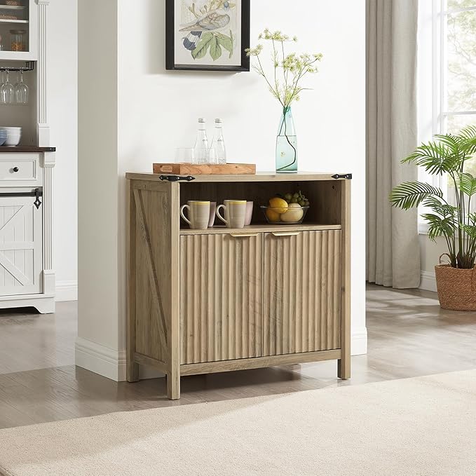 32 Inch Fluted Sideboard Buffet Cabinet with Storage, Modern Farmhouse Accent Credenza with Adjustable Shelves, Coffee Wine Bar Organizer for Kitchen, Living Room (Sunwashed Ash Oak)