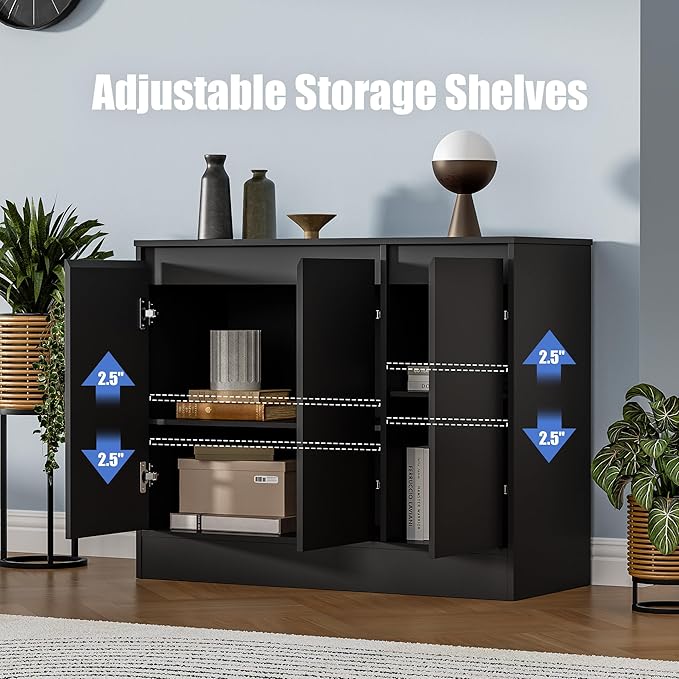 Buffet Cabinet with Storage, Coffee Bar Cabinet with 3 Doors and Adjustable Shelf, Modern Kitchen Buffet Sideboard for Living Room, Kitchen, Black