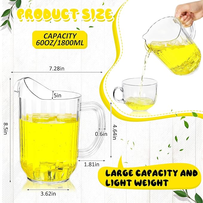 Tessco for you 12 Pcs Plastic Pitchers 60 Ounce Clear Restaurant Pitcher Jug Large Water Jug Carafe Serve Milk Tea Juice Drink for Parties Container Dispenser Beer Jar(Classic)