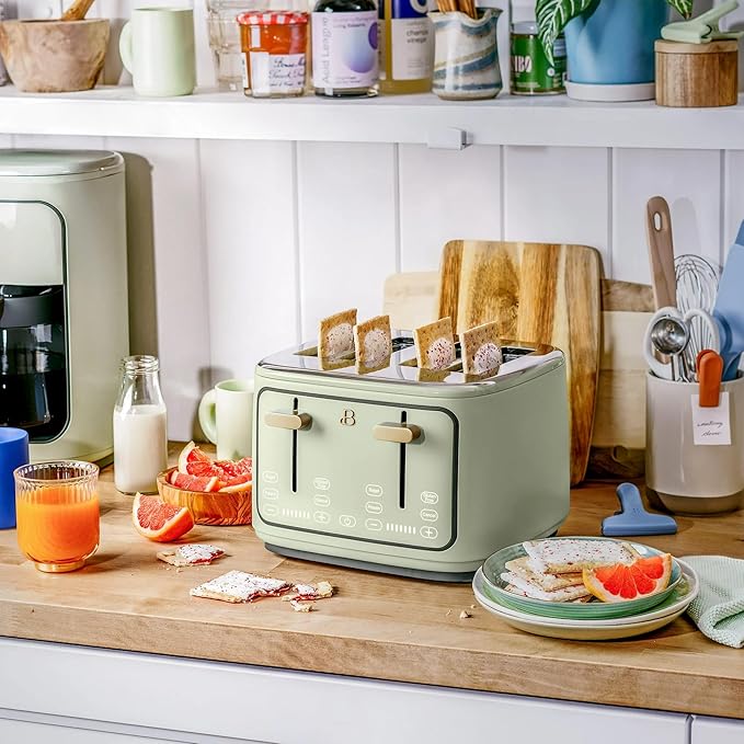 Beautiful 4 Slices Toaster with Touch-Activated Digital Display, Extra Wide Self-Adjusting Slots, Adjustable Shade Control, by Drew Barrymore (Green)