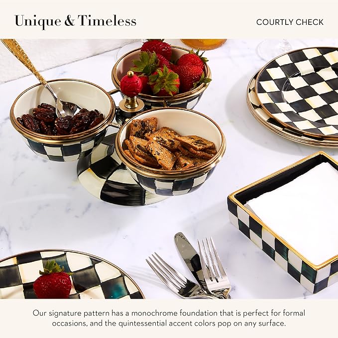 MACKENZIE-CHILDS Ceramic Luncheon Napkin Holder, Kitchen Napkin Holder for Table and Countertop, Black-and-White Courtly Check