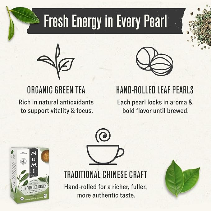 Numi Organic Gunpowder Green Tea, 100 Green Tea Bags, Full-Bodied & Gently Rolled