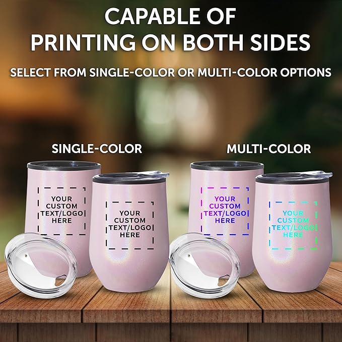 Custom Palmera Stemless Wine Tumblers with Lids 12 oz. Set of 6, Personalized Bulk Pack - Perfect for Wine, Cocktails, Other Hot & Cold Beverages - Iridescent Pink