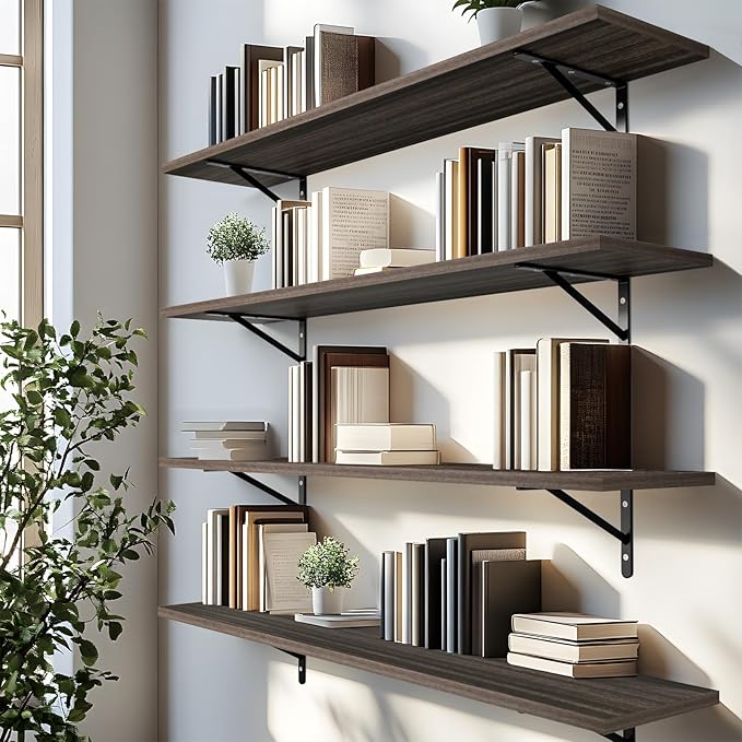 Kaboon 27 inch Long 10 inch Deep Floating Shelves for Wall Set of 2, Large Open Shelves Wall Mounted, Space Saving Home and Commercial Use, Eucalyptus