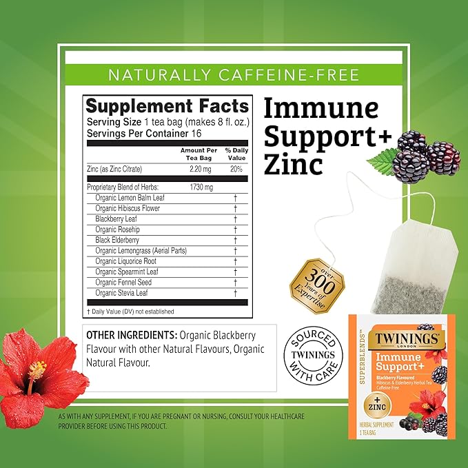 Twinings Superblends Immune Support+ Zinc Blackberry Flavoured Hibiscus & Elderberry Herbal, Naturally Caffeine-Free, 16 Count (Pack of 1), Enjoy Hot or Iced, 16 Teabags