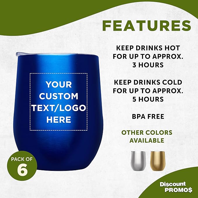 Custom Stemless Wine Glass Tumblers with Lids by Largo 11 oz. Set of 6, Personalized Bulk Pack - Perfect for Wine, Cocktails, Other Hot & Cold Beverages - Blue