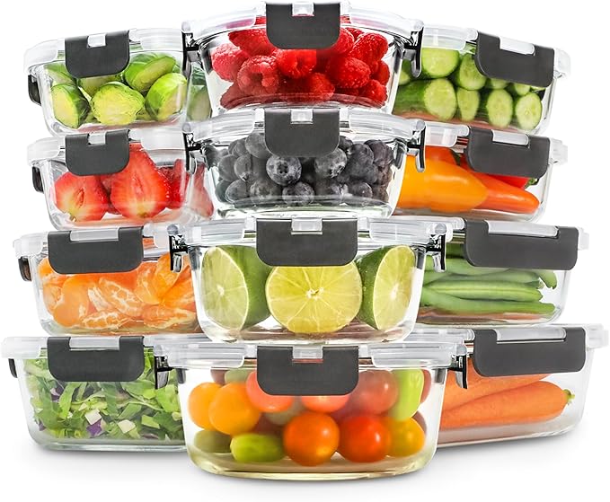 Freshware Glass Storage Containers with Lids, 24 Pieces, Glass Food Storage Containers with Lids, Leak Proof, Freezer Safe