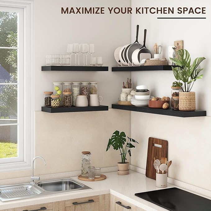 Floating Shelves for Wall, Engineered Wood Wall Shelves with Invisible Brackets for Living Room Bedroom Bathroom Office Kitchen Decor and Storage (Black, 48" W x 9" D x 1.5" H) Set of 2