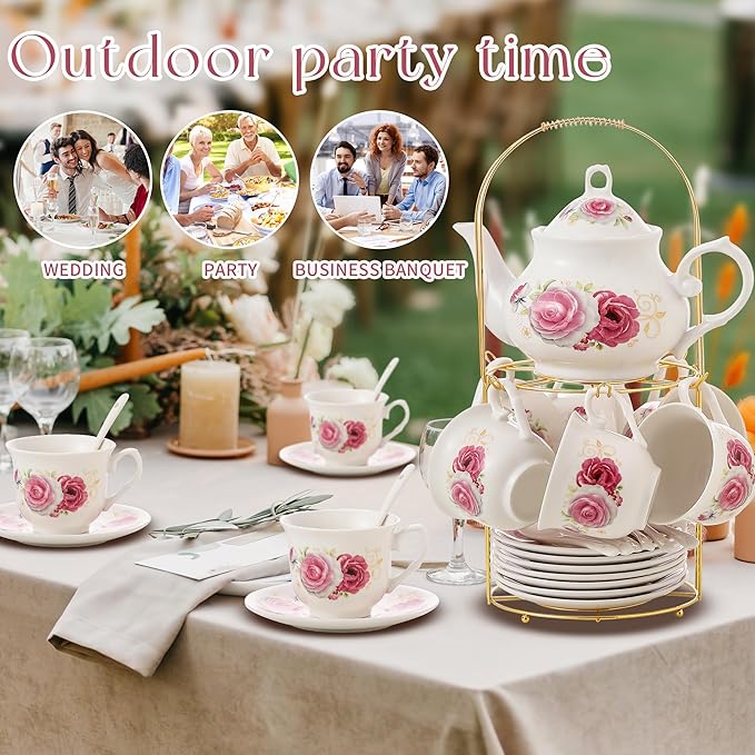 20-Pieces Porcelain Tea Sets For Women, Tea Set For Adult with Golden Metal Rack,Tea Gift Sets for Home&Party(014)