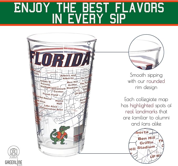 Greenline Goods – University of Florida Gators College Pint Beer Glasses (Set of 2), 16 oz – Full-Color Logo + Campus Map