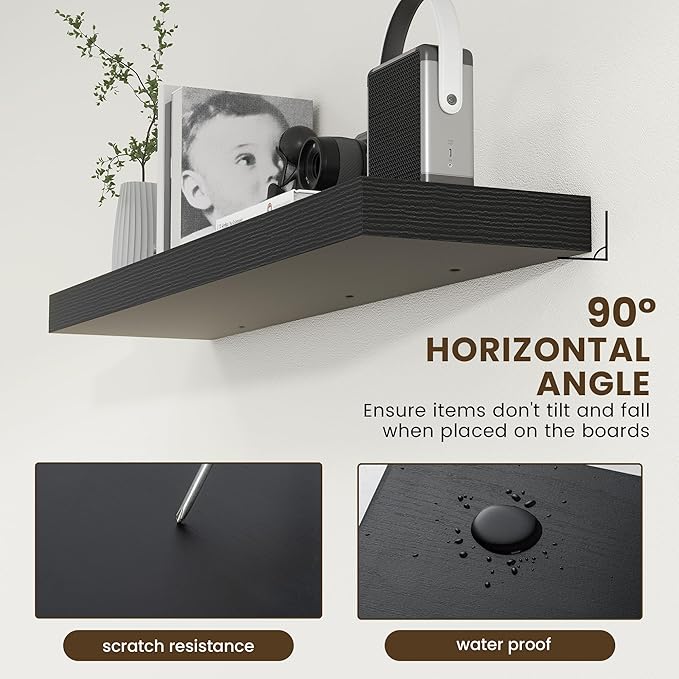 48 Inch Black Floating Shelf | 12 Inch Deep Floating Shelves Set of 1 | 48" D x 12" D Rustic Wood Shelves for Wall | Deep Black Shelves for Living Room Bathroom Laundry Room Kitchen