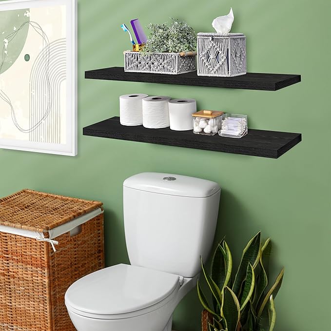 Sorbus Wood Floating Shelves for Wall - 35” Solid Wood Wall Shelves for Bathroom Decor, Books, Bedroom & Living Room - Set of 2 Black Wall Mounted Kitchen Shelves - Durable Solid Pine
