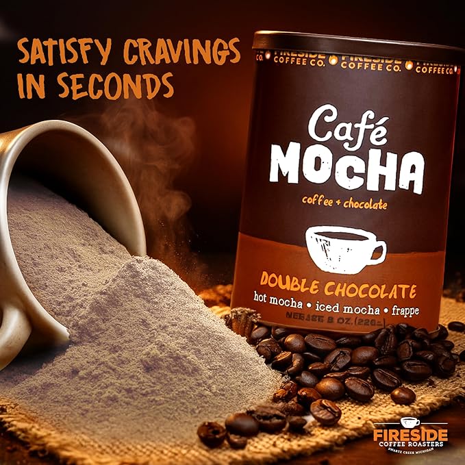 Fireside Coffee Double Chocolate Cafe Mocha - Instant Coffee Chocolate Blend - Premium Caffeinated Drink Mix for Hot, Iced, Milkshake, and Mocha Frappe Mix, Only Add Water and Enjoy, 8 Ounces