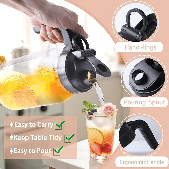 Mason Jar Pitcher 64 Oz Glass Pitcher With Pour Spout Lids Wide Mouth Airtight & Leakproof Water Pitcher 2 Quart Glass Carafe For Iced Tea, Cold Brew Coffee, Beverage, Lemonade, Juice, Milk - 2 Set