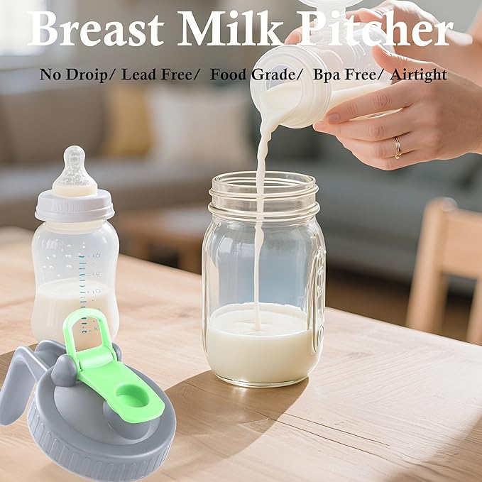 Mason Jar Pitcher With Pour Lid 32 Oz Glass Breast milk Storage Jug 1 Quart Wide Mouth Glass Tea Pitcher With Handle Creamer Container For Fridge Juice, Cold Brew Coffee,Lemonade,Beverage 2 Set