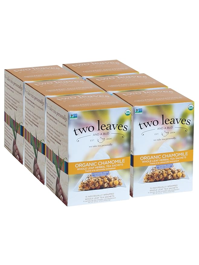 Two Leaves and a Bud Organic Chamomile Tea Bags, Naturally Caffeine Free, Whole Leaf Herbal Chamomile Tea in Compostable Sachets, 15 Count (Pack of 6)