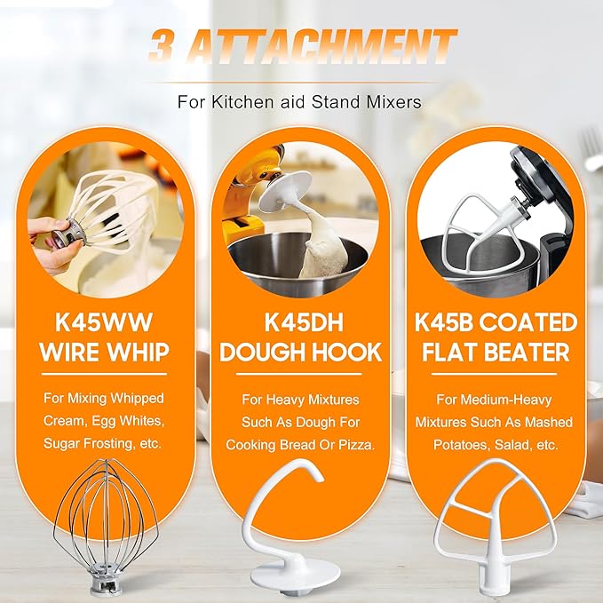 Funmit Mixers Accessories K45WW Wire Whip K45DH Dough Hook K45B Coated Flat Blade Paddle with Scraper Replacement for Kitchen Tilt-Head Aid Stand Mixer Attachments- Stainless Steel
